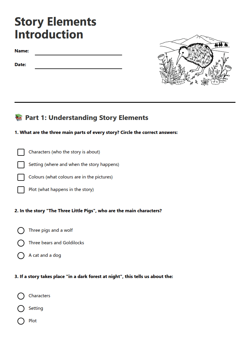 Story Elements Introduction worksheet preview