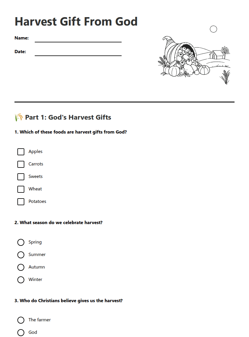 Harvest Gift From God worksheet preview