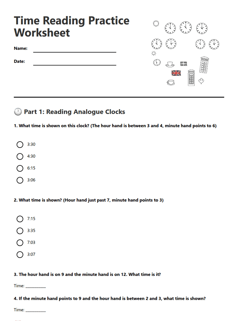 Time Reading Practice Worksheet