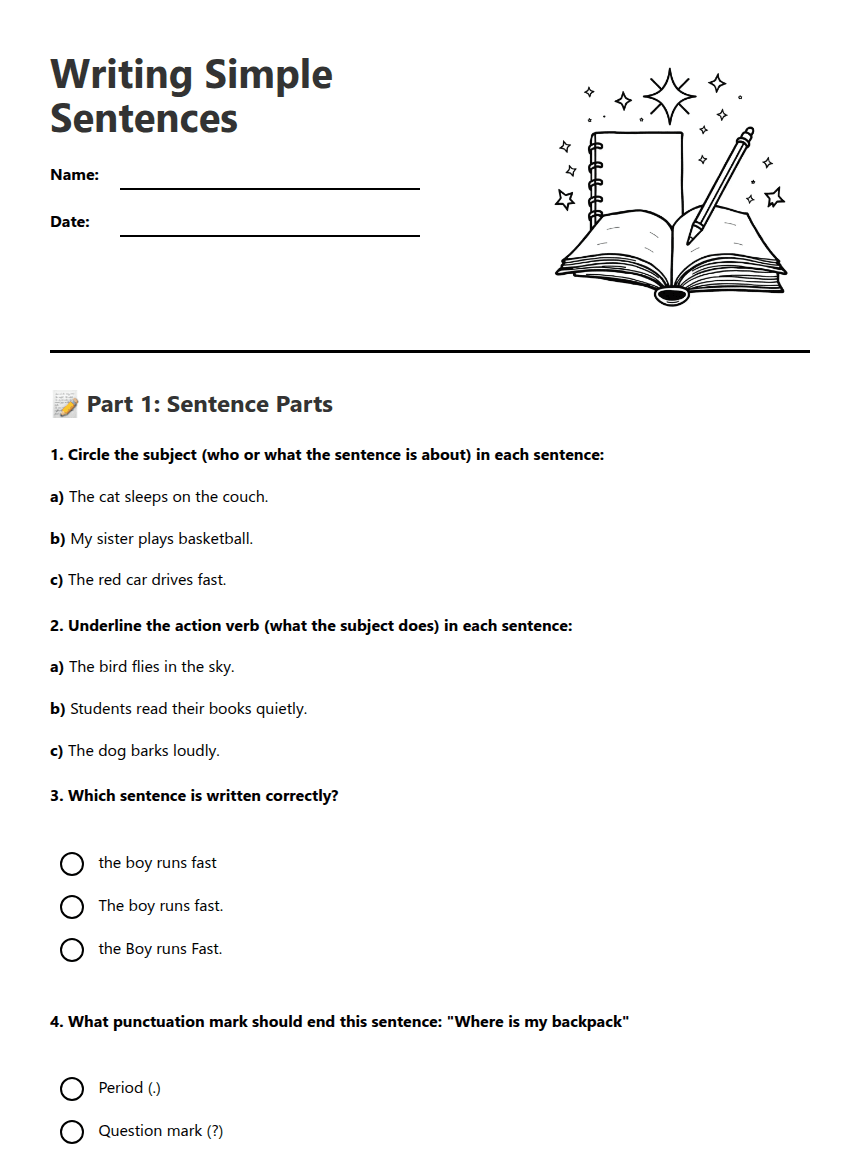 Writing Simple Sentences worksheet preview