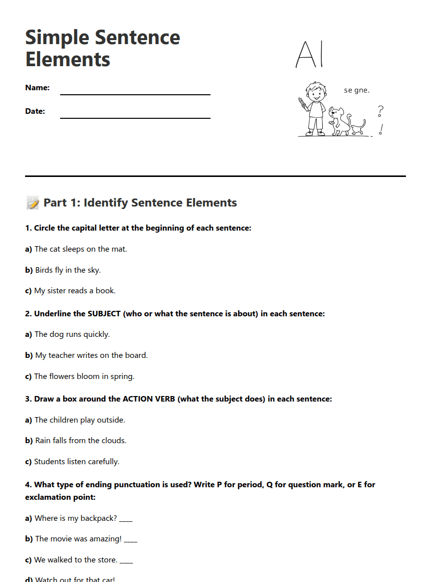 Simple Sentence Elements worksheet preview