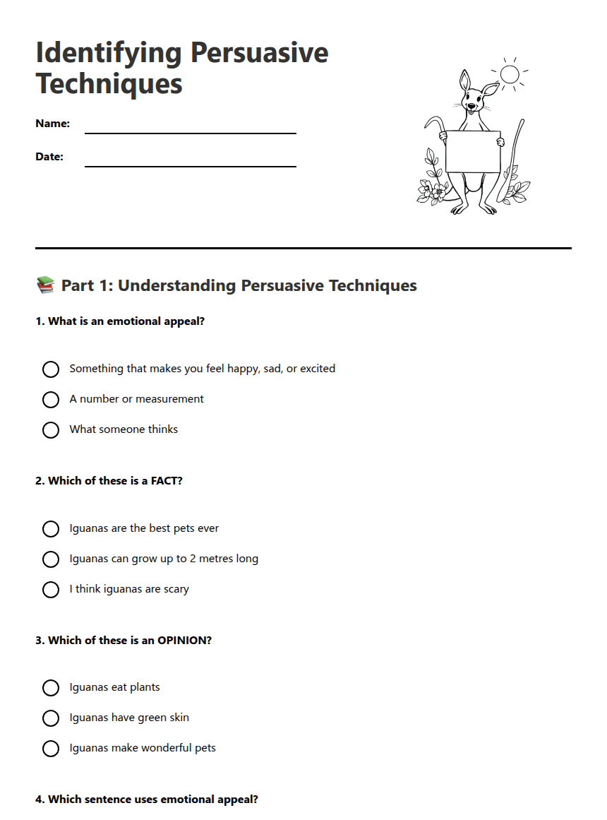 Identifying Persuasive Techniques worksheet preview