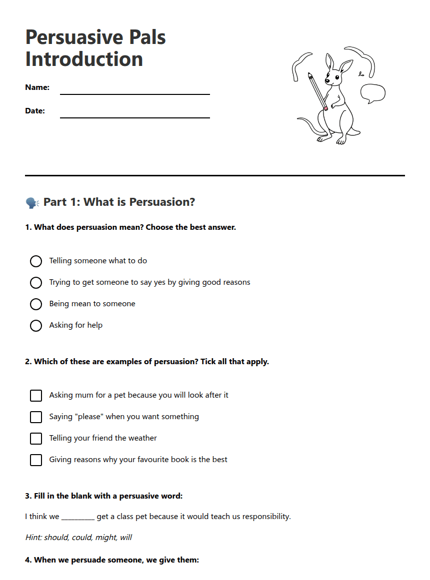 Persuasive Pals Introduction worksheet preview