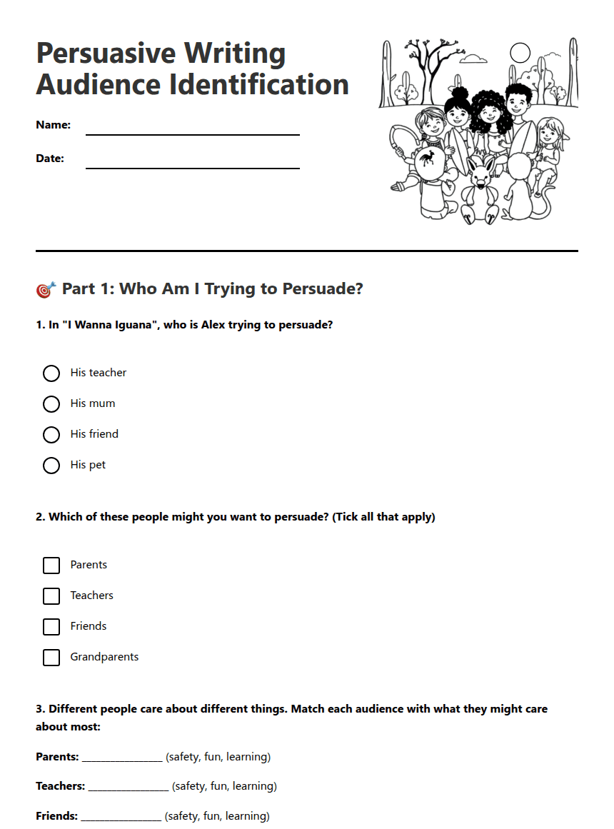 Persuasive Writing Audience Identification worksheet preview