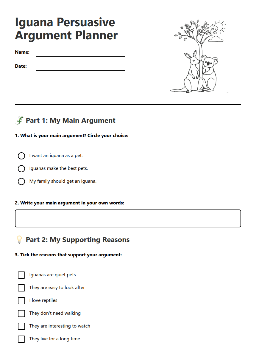 Iguana Persuasive Argument Planner worksheet preview
