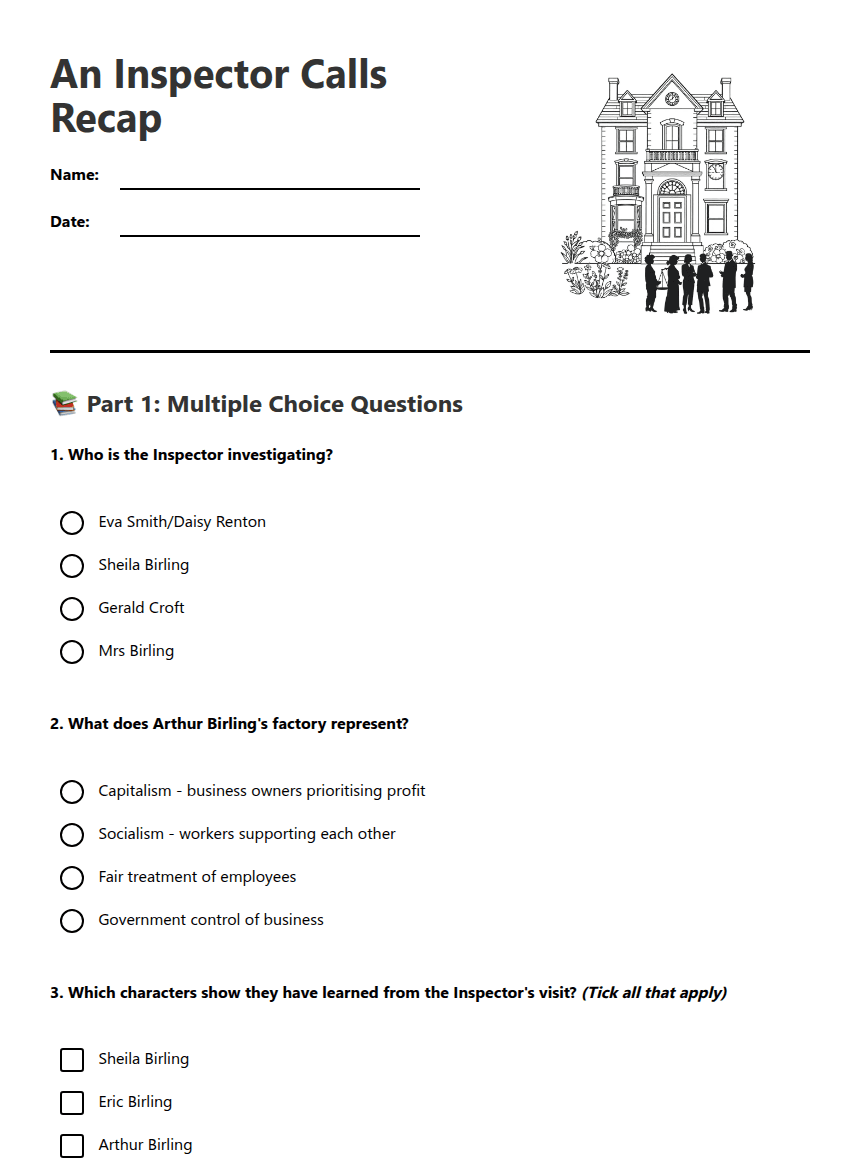 An Inspector Calls Recap worksheet preview
