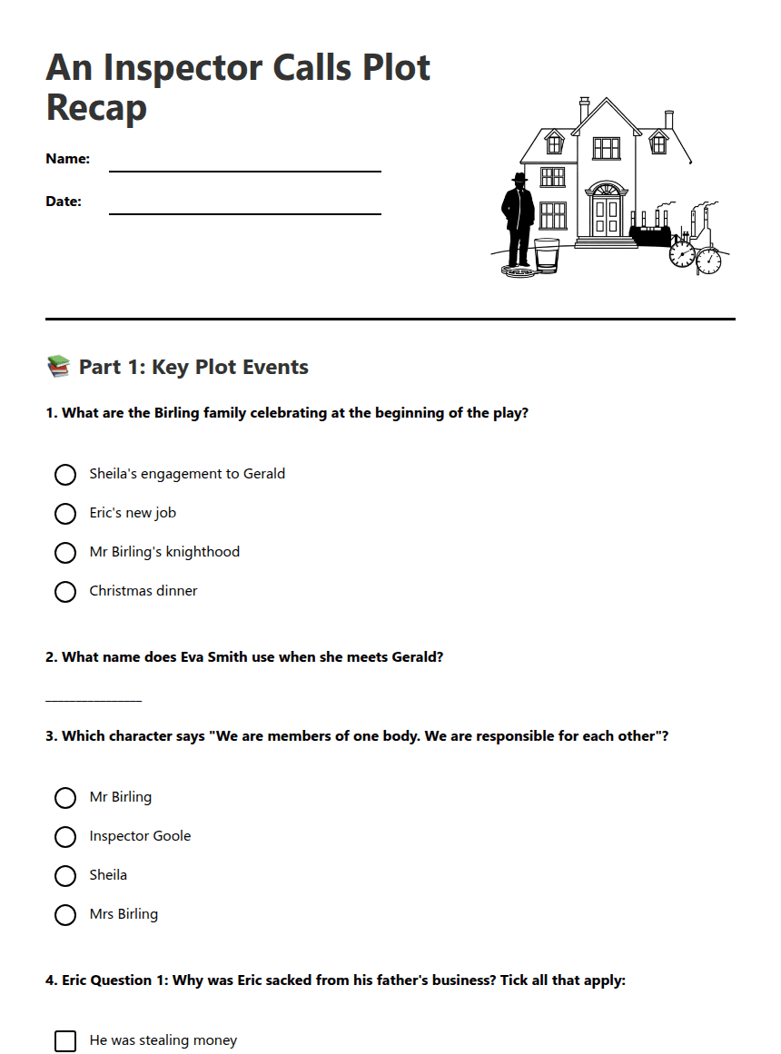 Inspector Calls Plot Recap worksheet preview