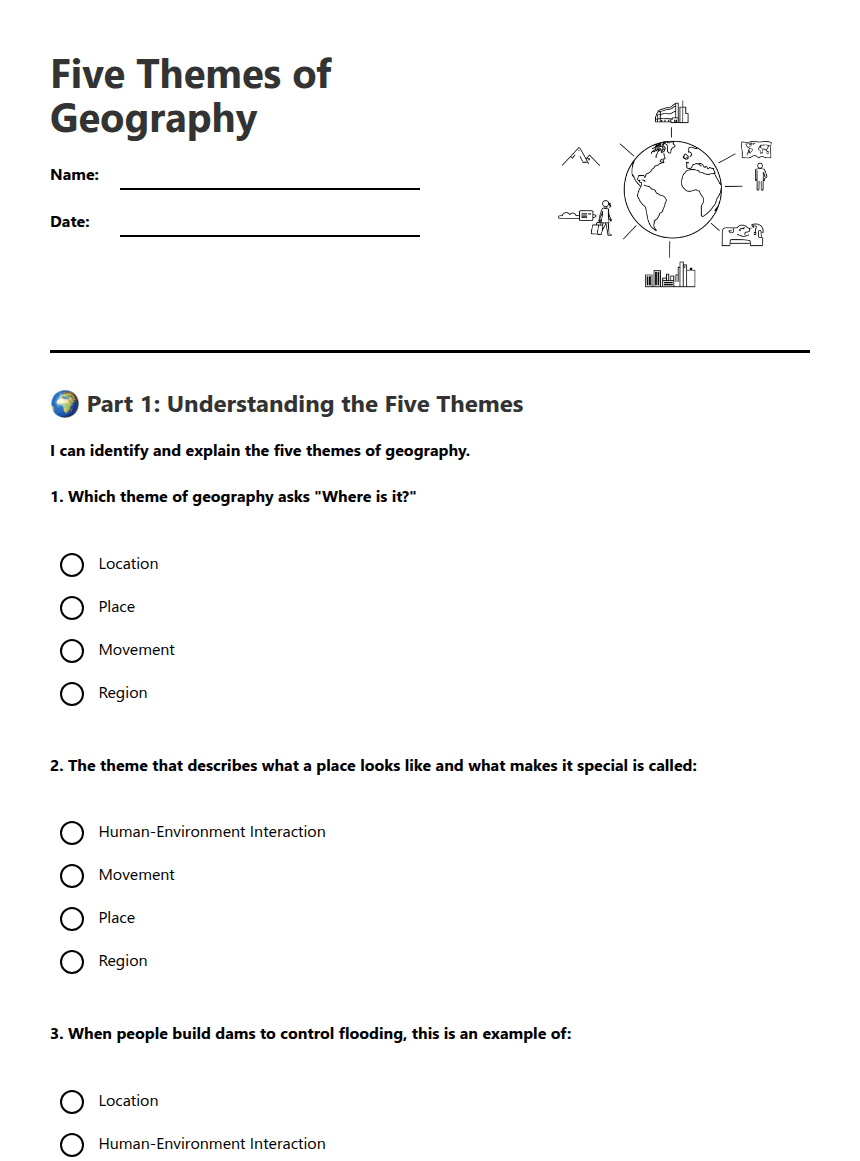 Five Themes of Geography worksheet preview