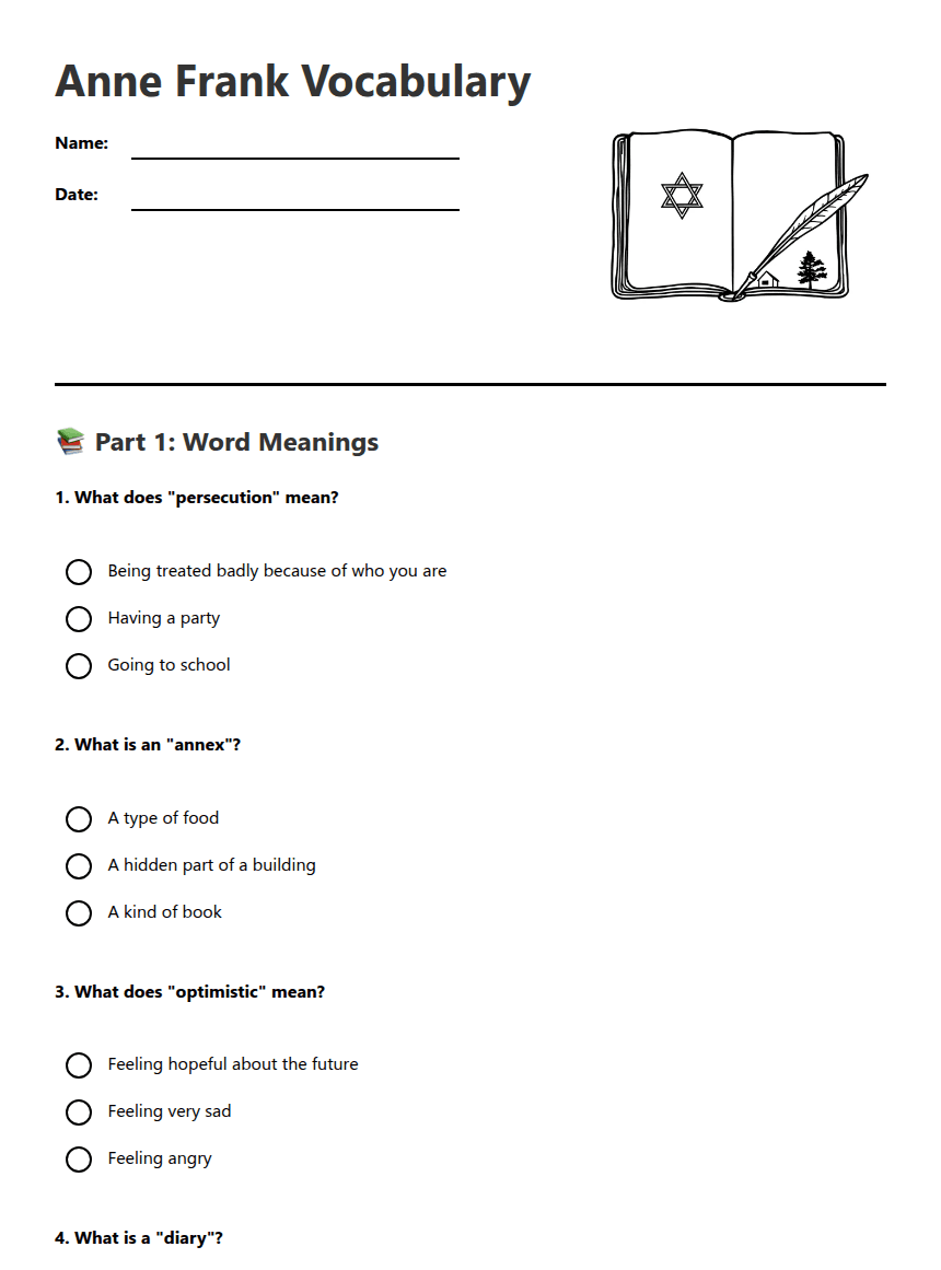 Anne Frank Vocabulary worksheet preview