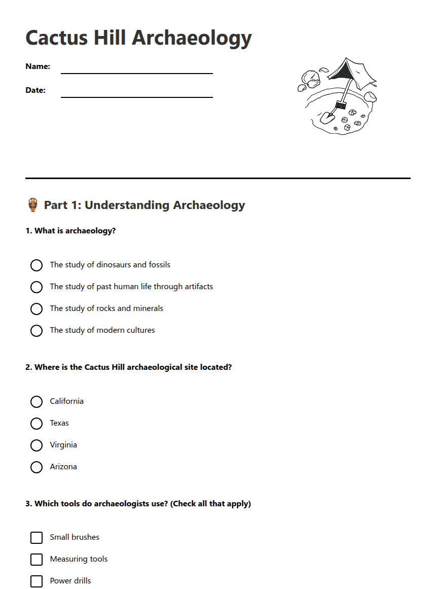 Cactus Hill Archaeology worksheet preview