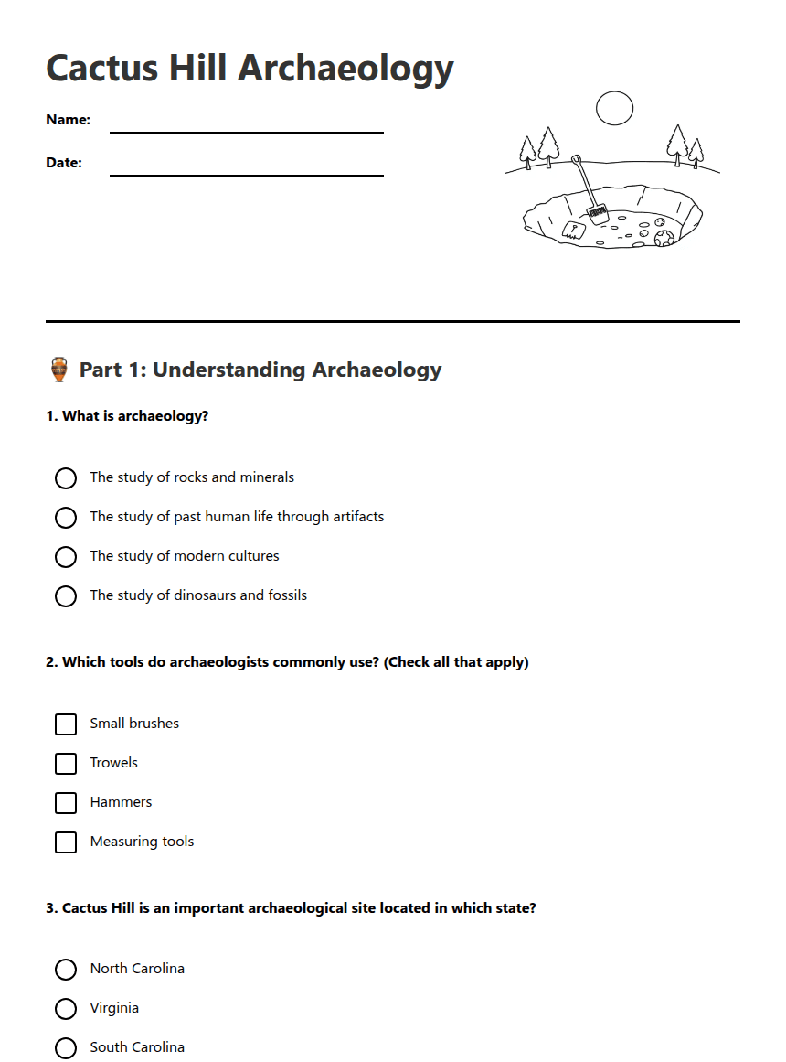 Cactus Hill Archaeology worksheet preview