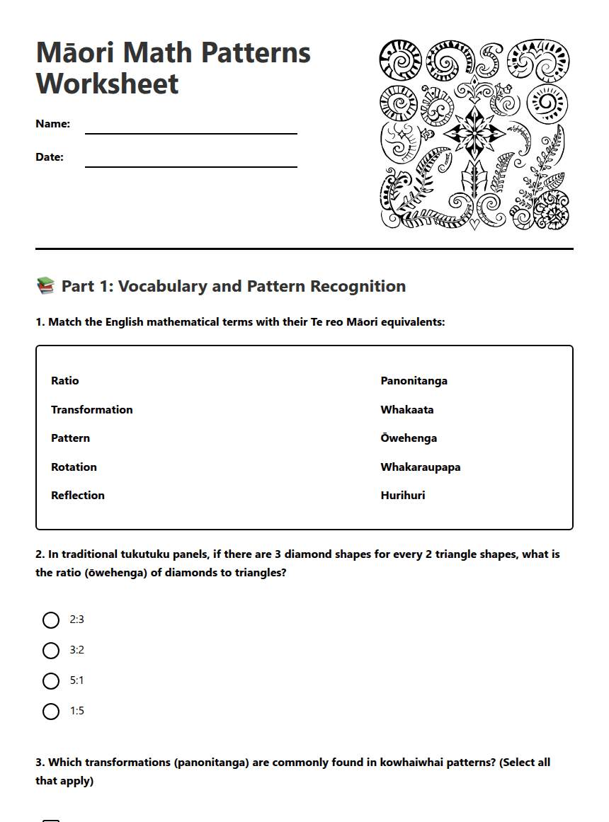 Māori Math Patterns Worksheet worksheet preview
