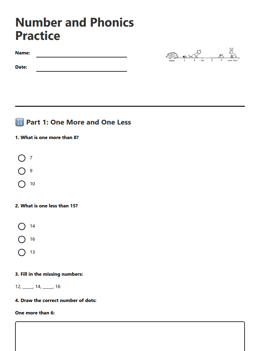 Number and Phonics Practice worksheet preview