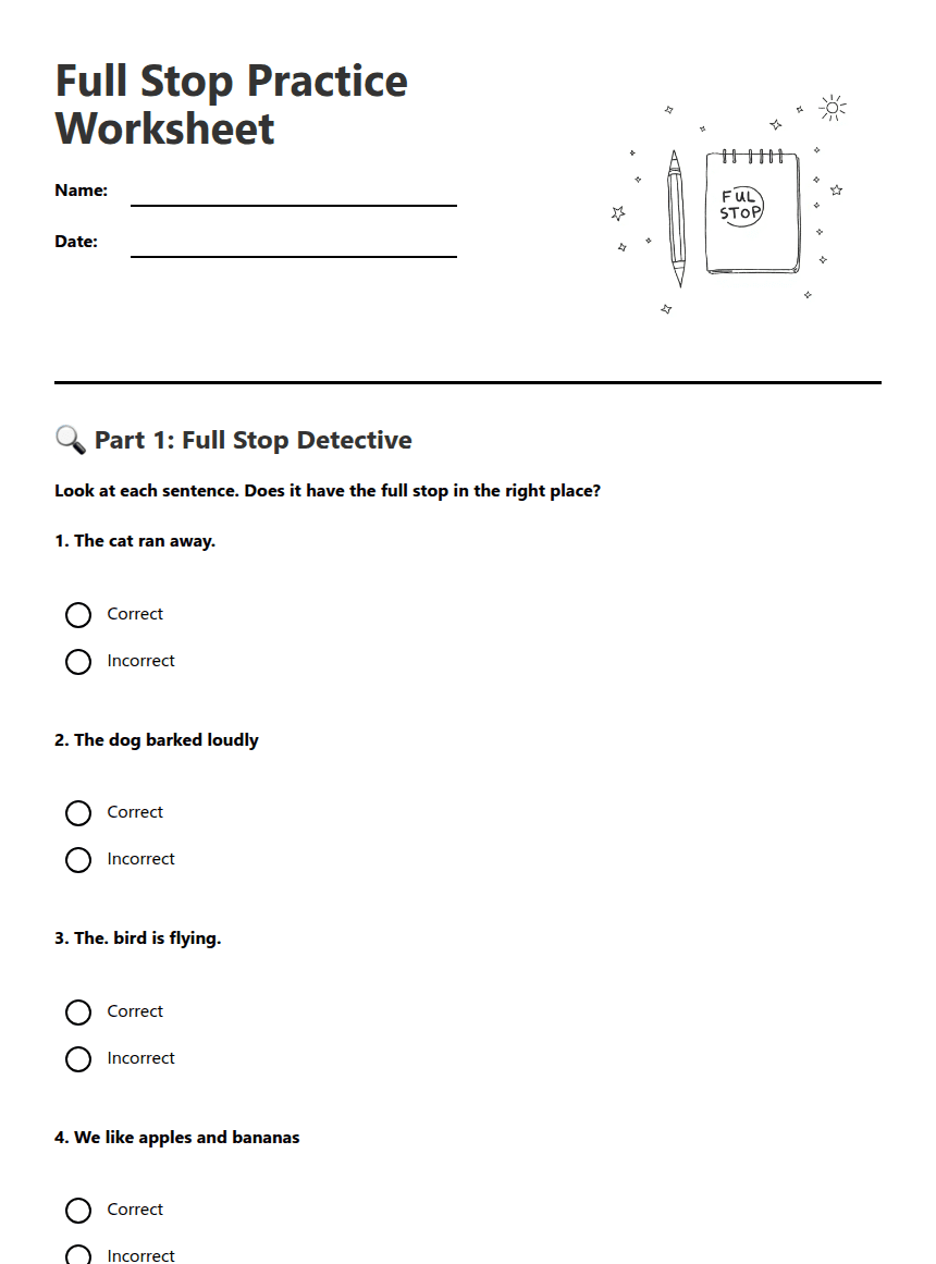 Full Stop Practice Worksheet worksheet preview