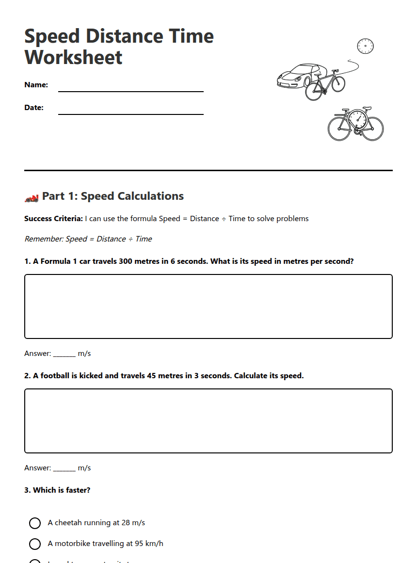 Speed Distance Time Worksheet worksheet preview