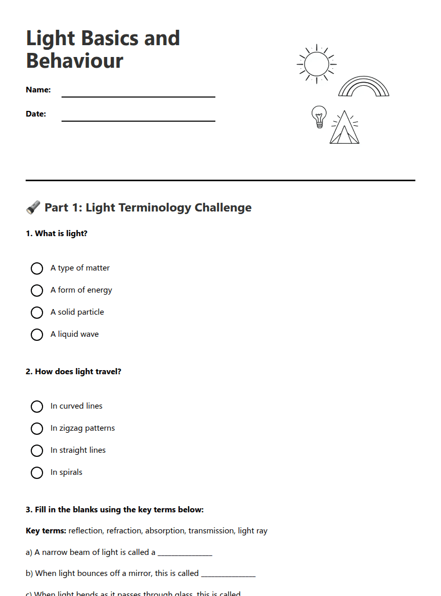 Light Basics and Behavior worksheet preview