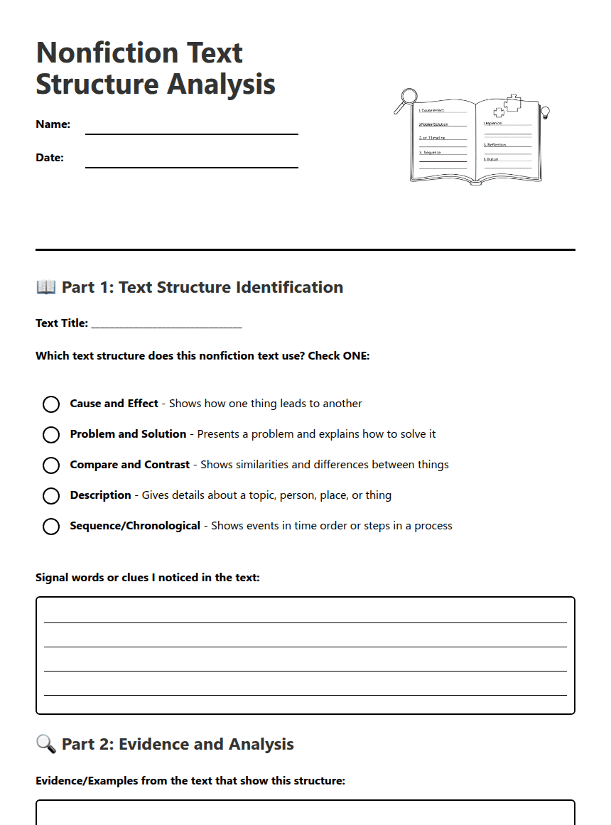 Nonfiction Text Structure Analysis worksheet preview
