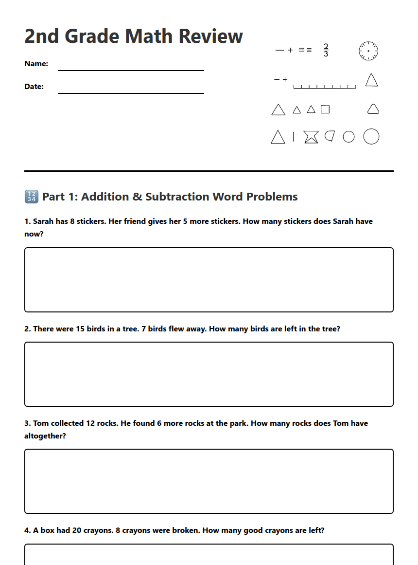 2nd Grade Math Review worksheet preview