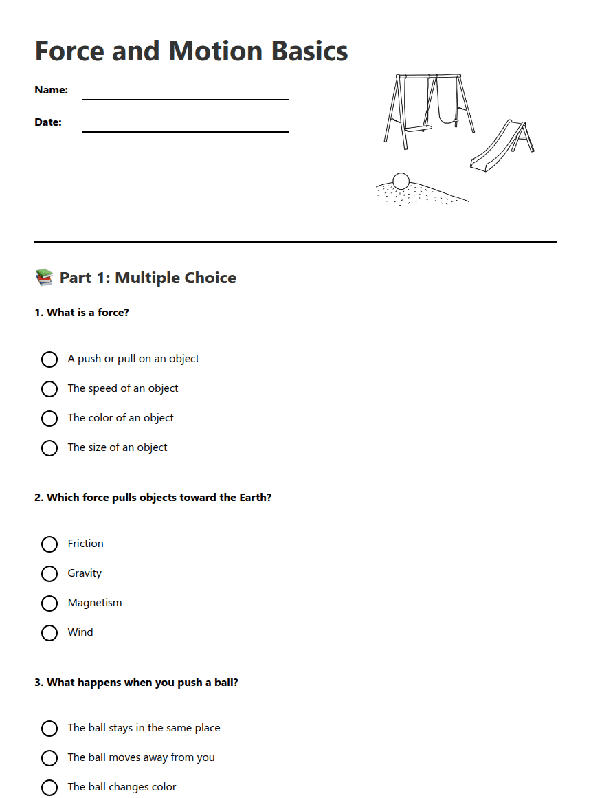 Force and Motion Basics worksheet preview