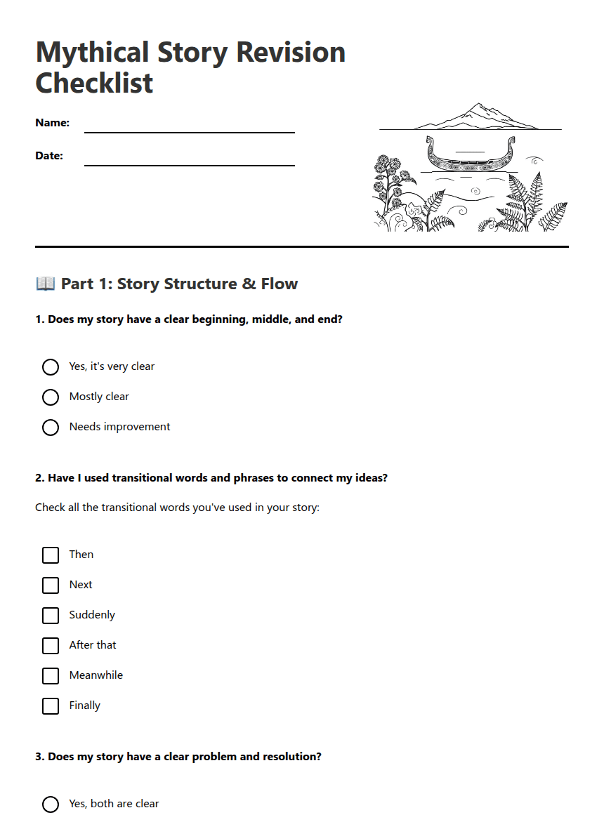 Mythical Story Revision Checklist worksheet preview