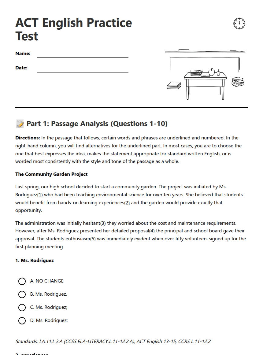 ACT English Practice Test worksheet preview