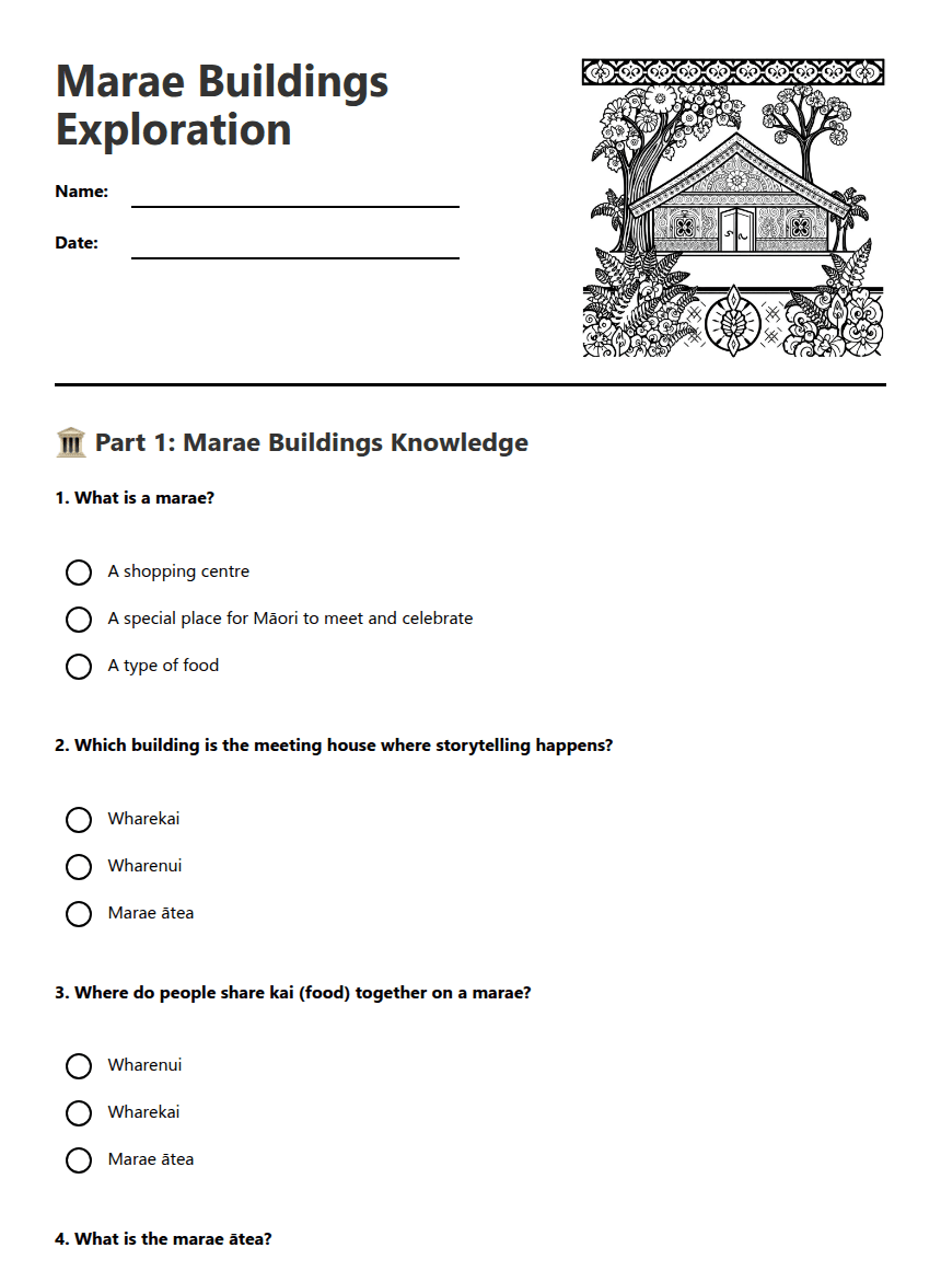 Marae Buildings Exploration worksheet preview
