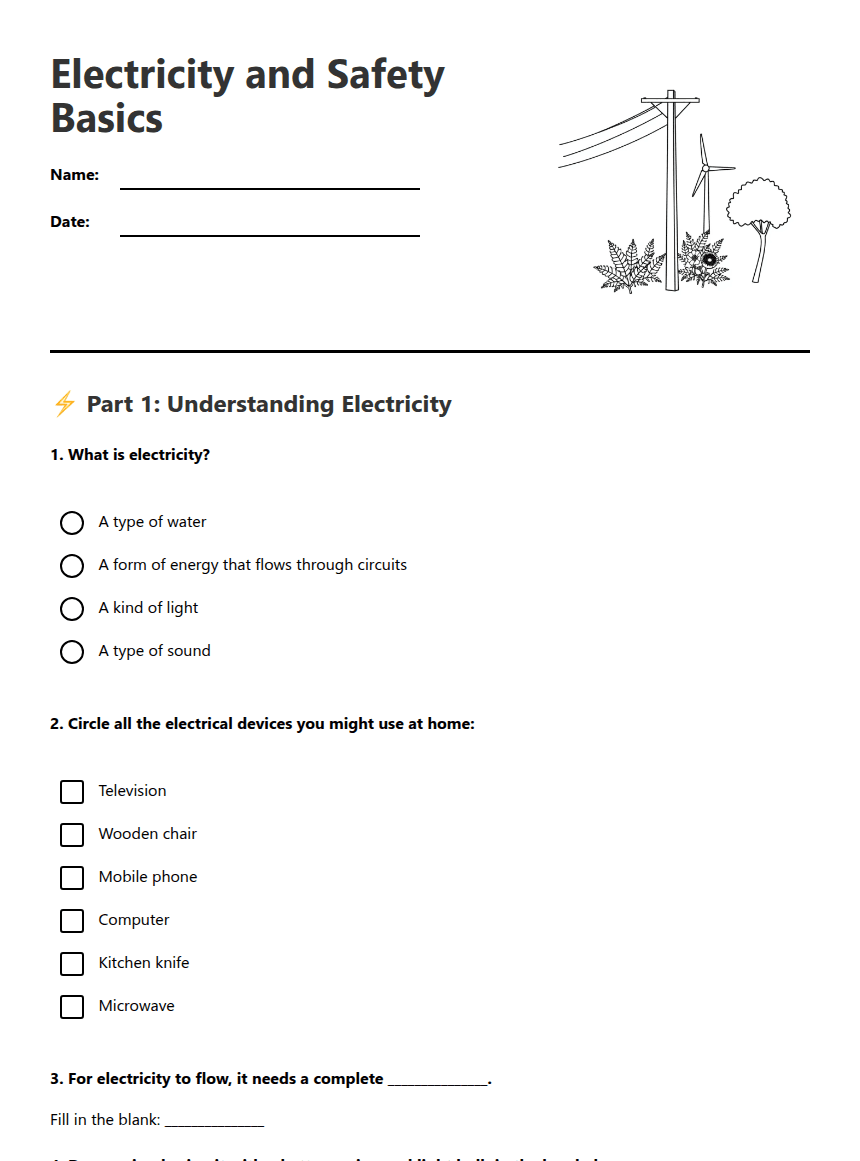 Electricity and Safety Basics worksheet preview