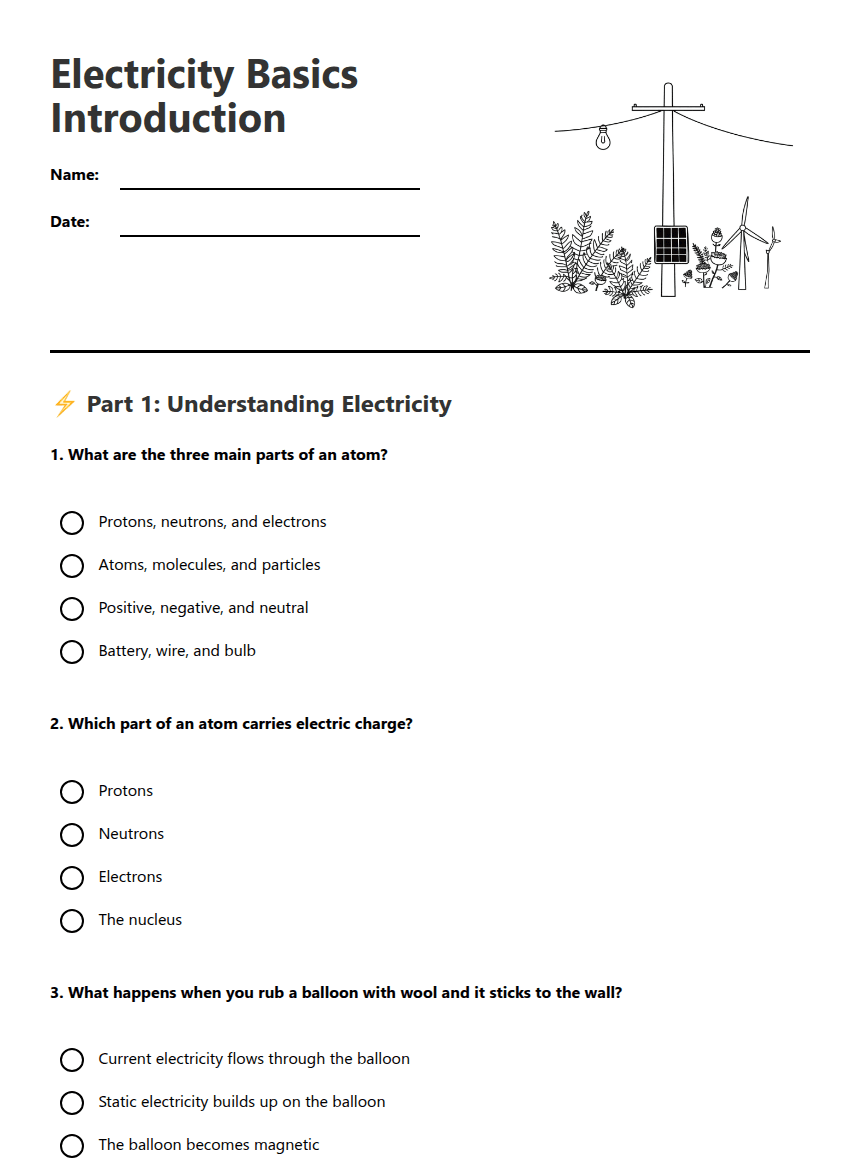 Electricity Basics Introduction worksheet preview