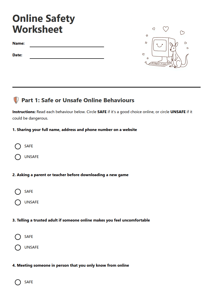 Online Safety Worksheet worksheet preview