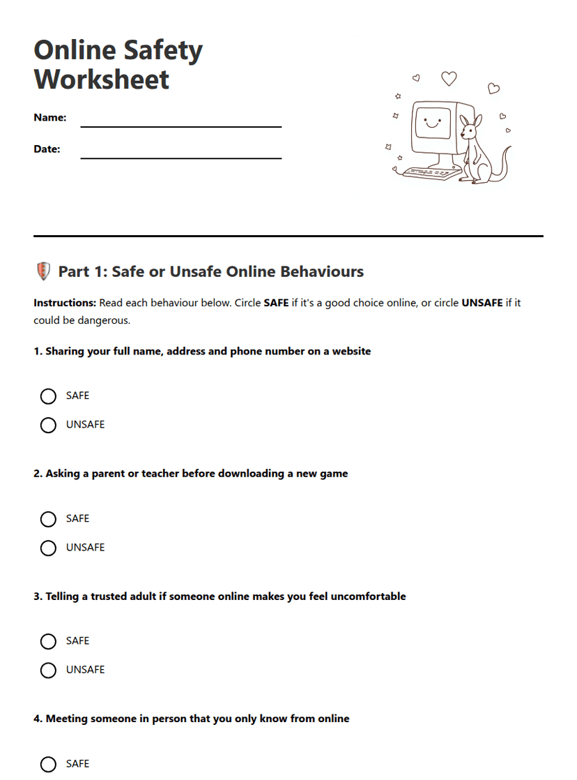 Online Safety Worksheet