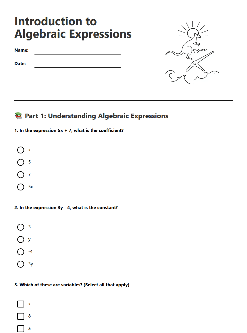 Introduction to Algebraic Expressions worksheet preview