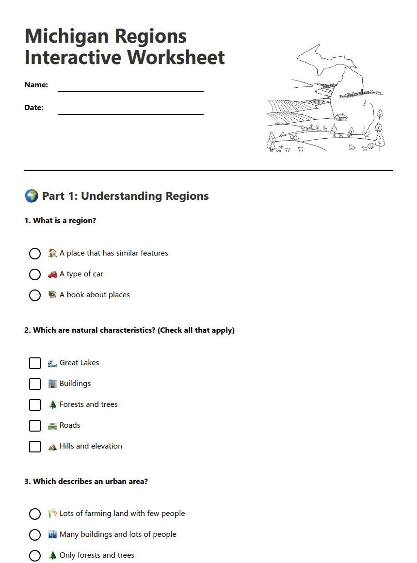 Michigan Regions Interactive Worksheet worksheet preview