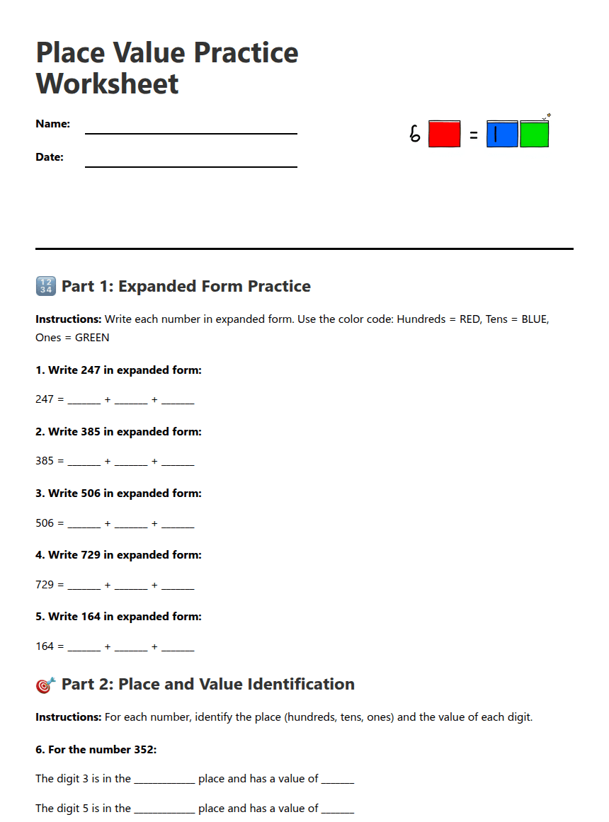 Place Value Practice Worksheet worksheet preview