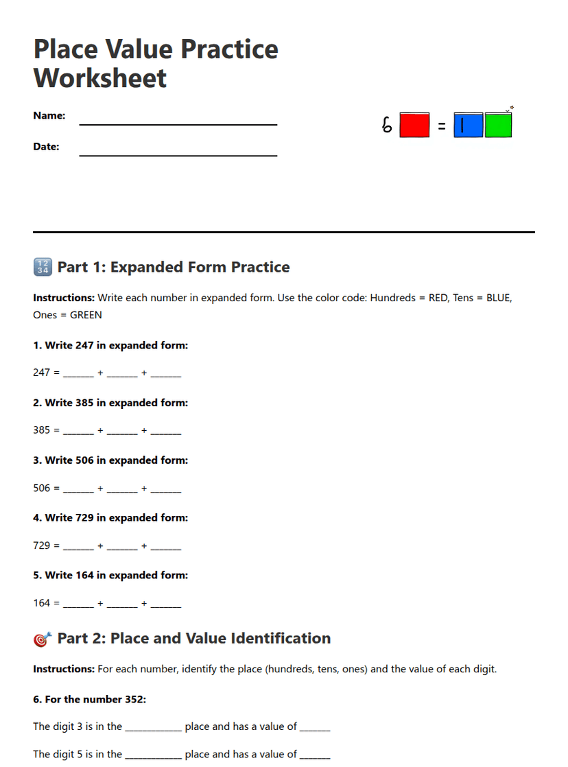 Place Value Practice Worksheet