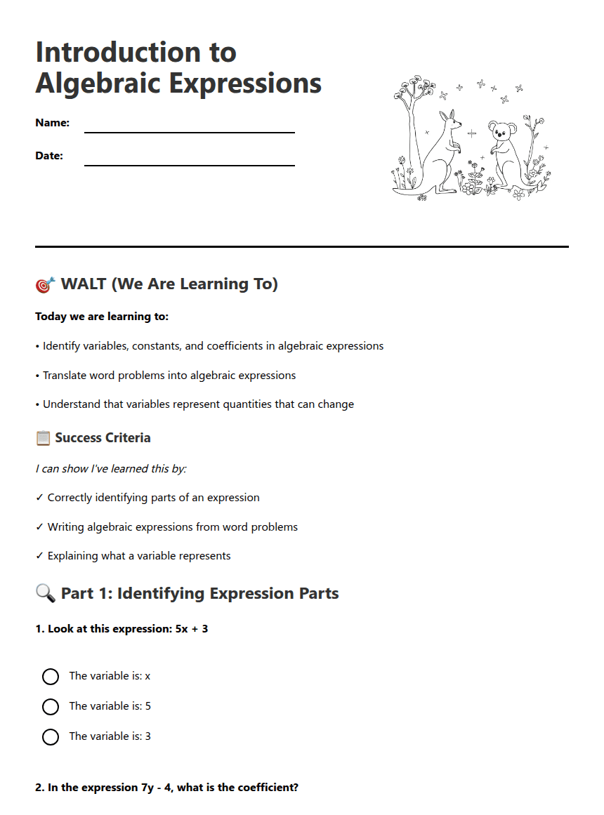 Introduction to Algebraic Expressions worksheet preview