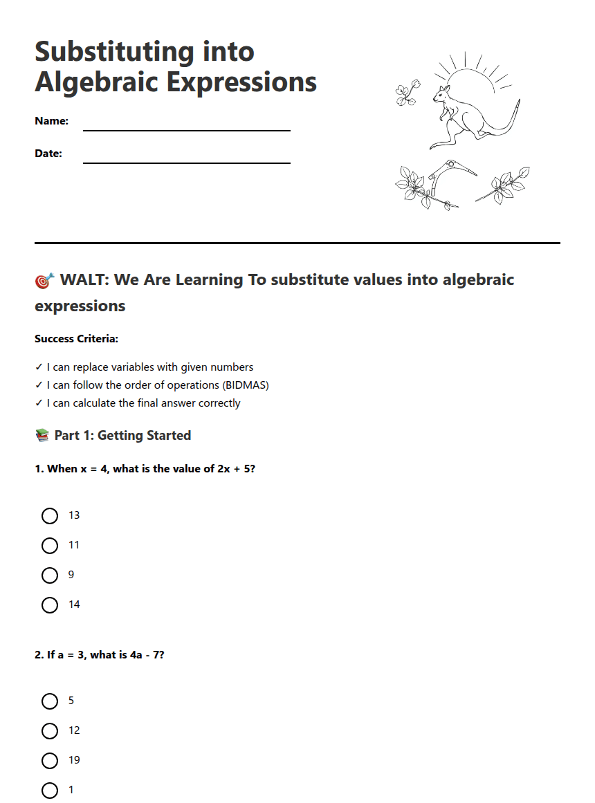 Substituting into Algebraic Expressions worksheet preview