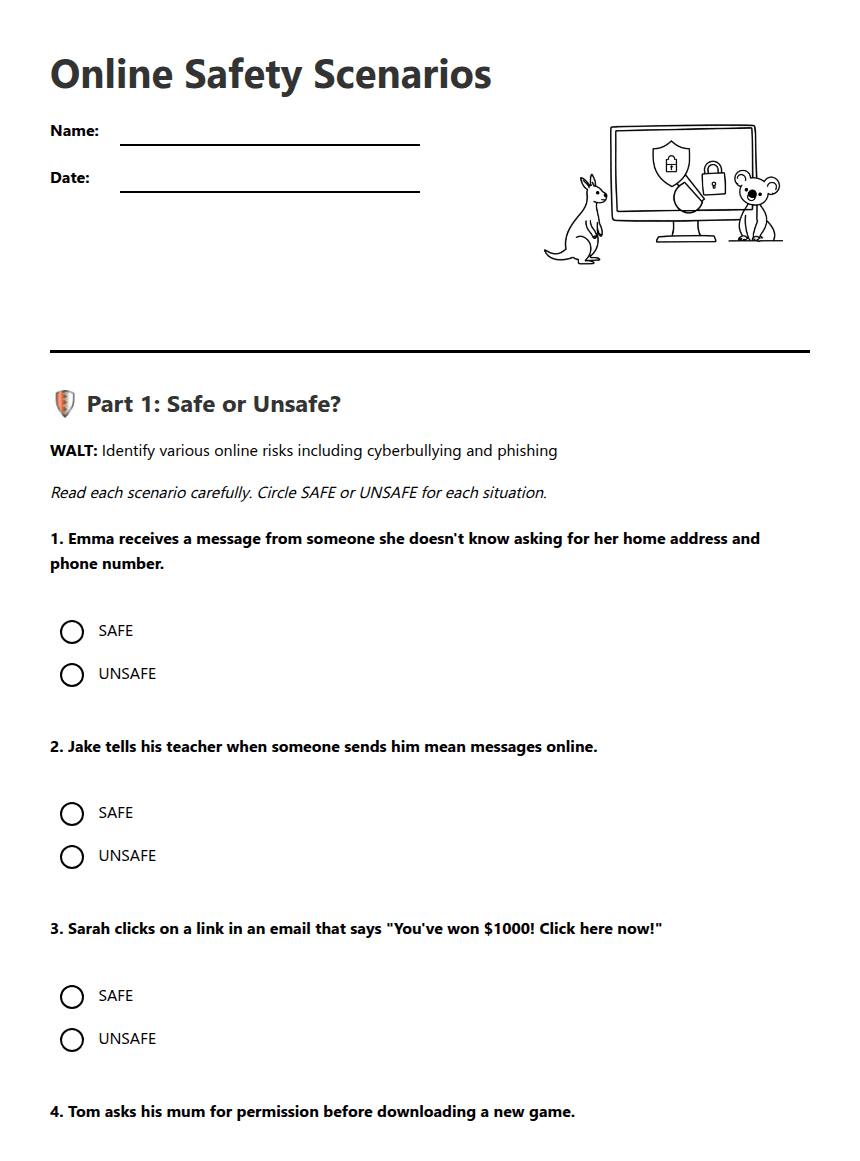 Online Safety Scenarios worksheet preview