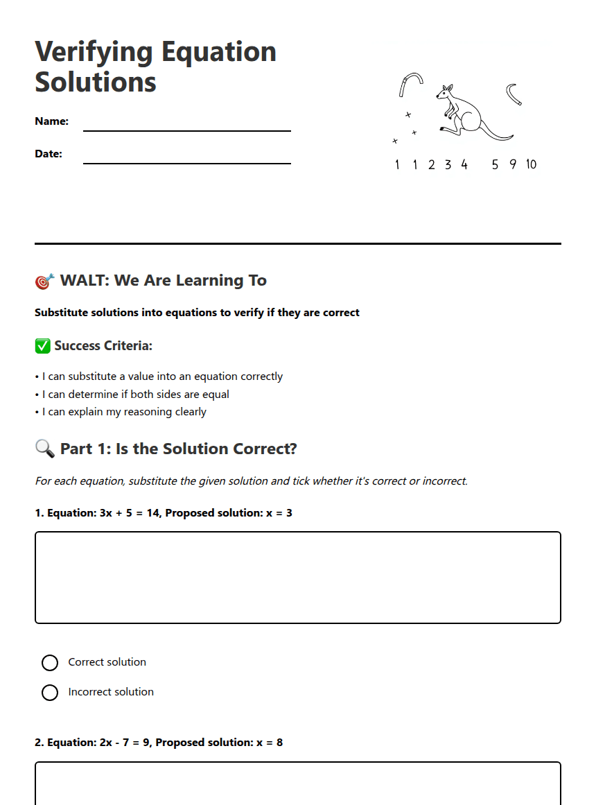 Verifying Equation Solutions worksheet preview