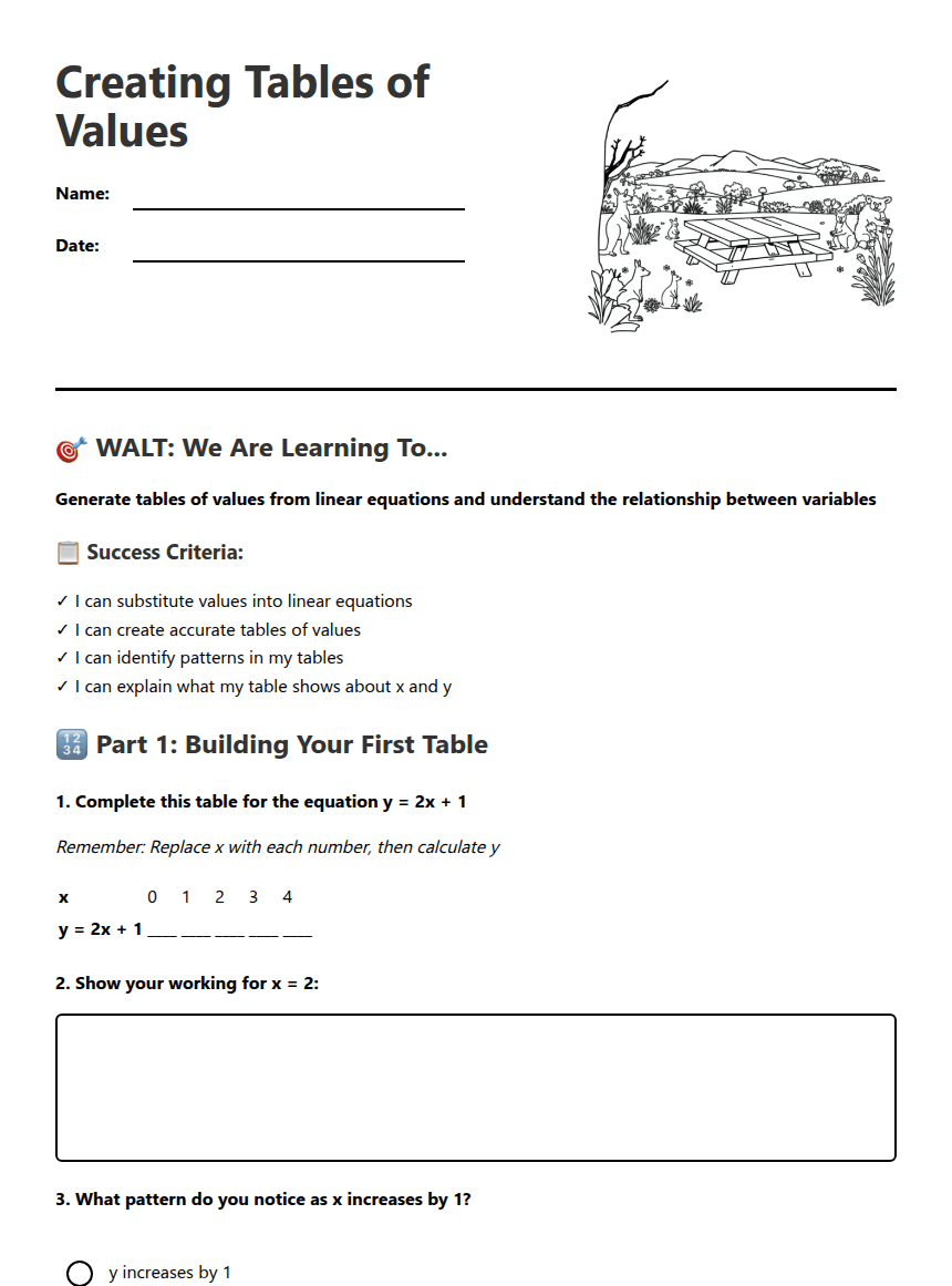 Creating Tables of Values worksheet preview