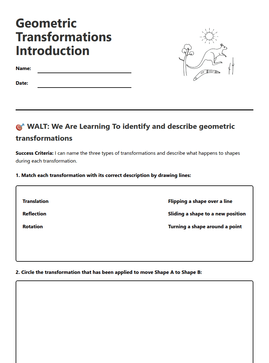 Geometric Transformations Introduction worksheet preview