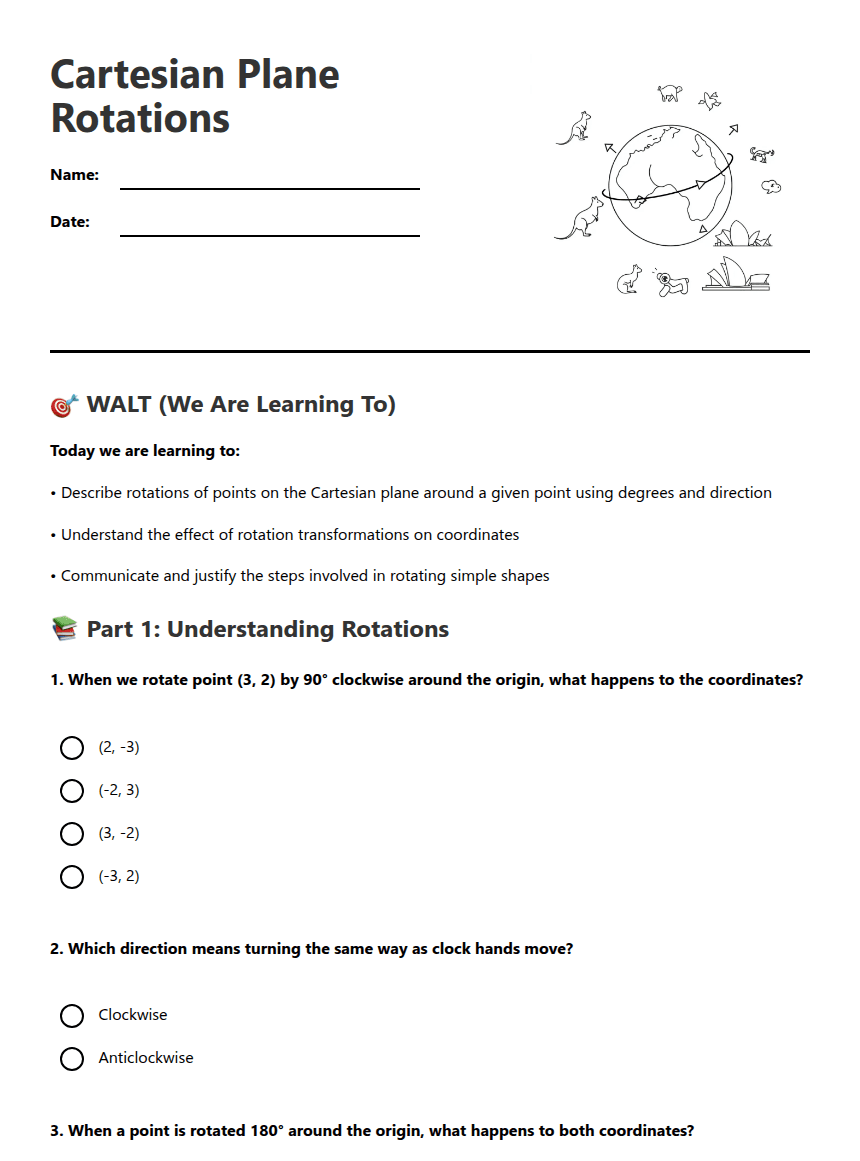 Cartesian Plane Rotations worksheet preview