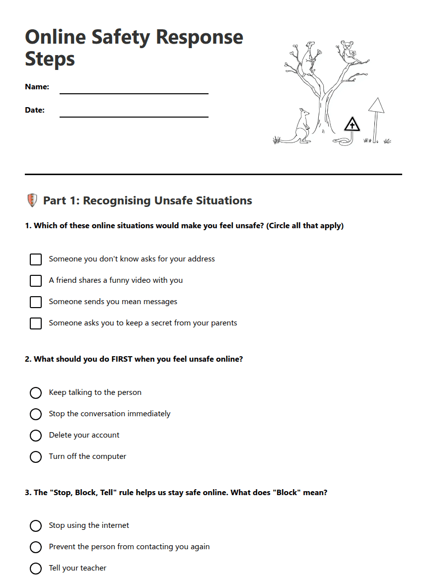 Online Safety Response Steps worksheet preview