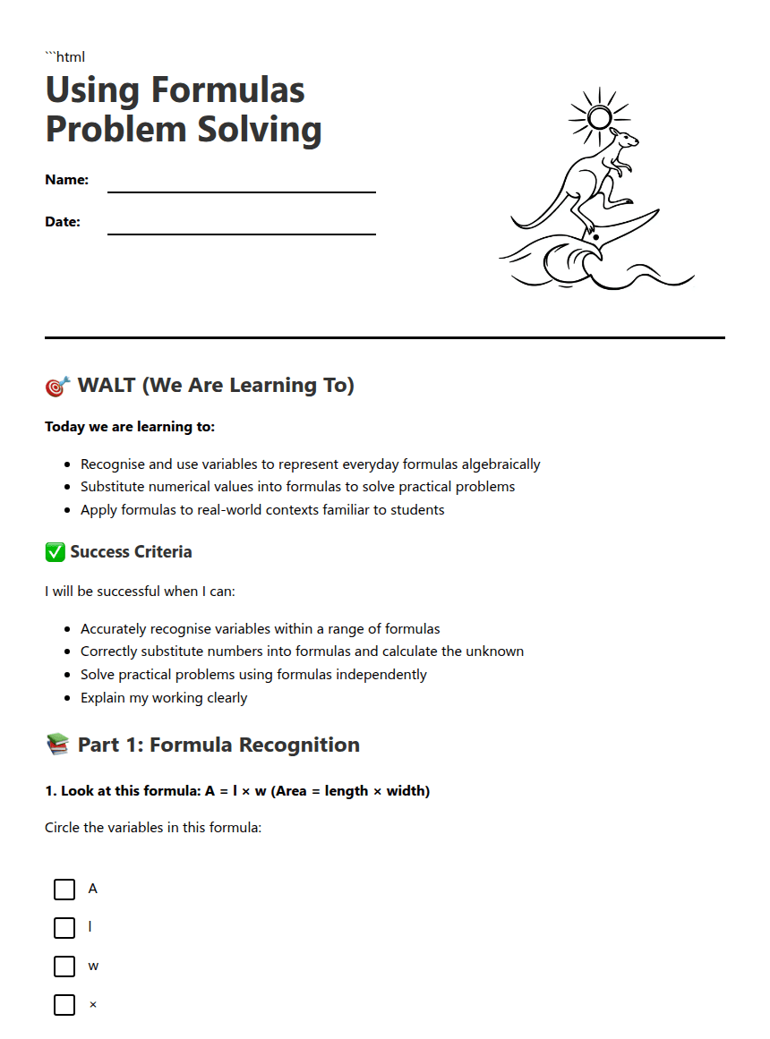 Using Formulas Problem Solving worksheet preview