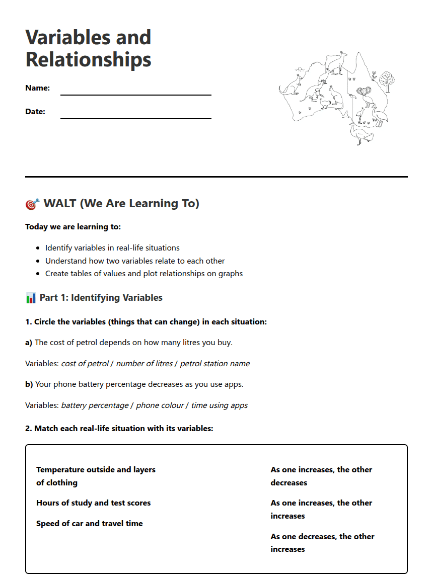 Variables and Relationships worksheet preview