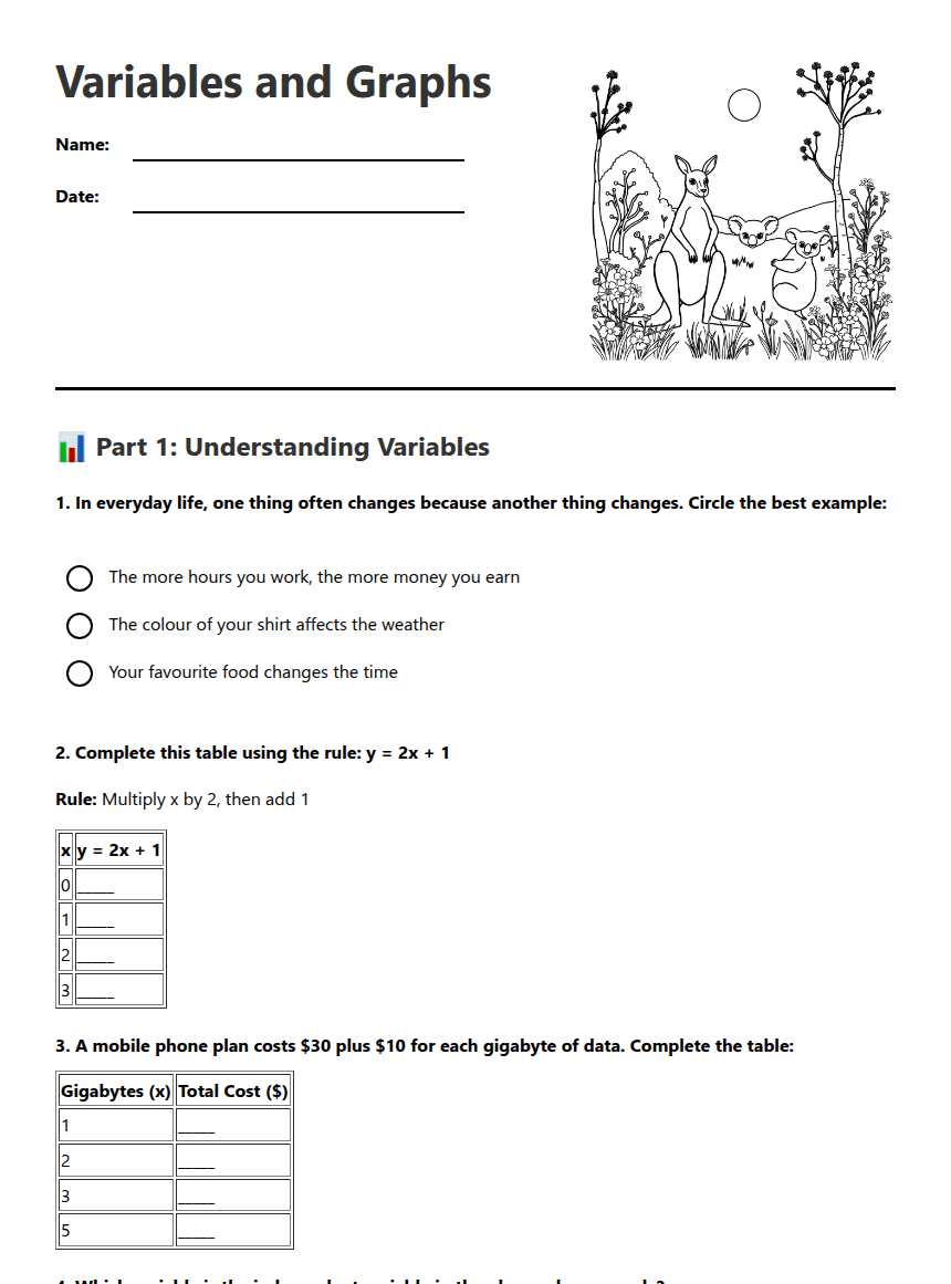 Variables and Graphs worksheet preview