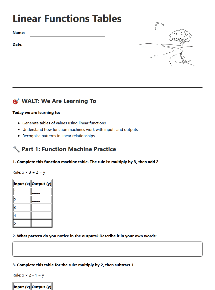 Linear Functions Tables worksheet preview