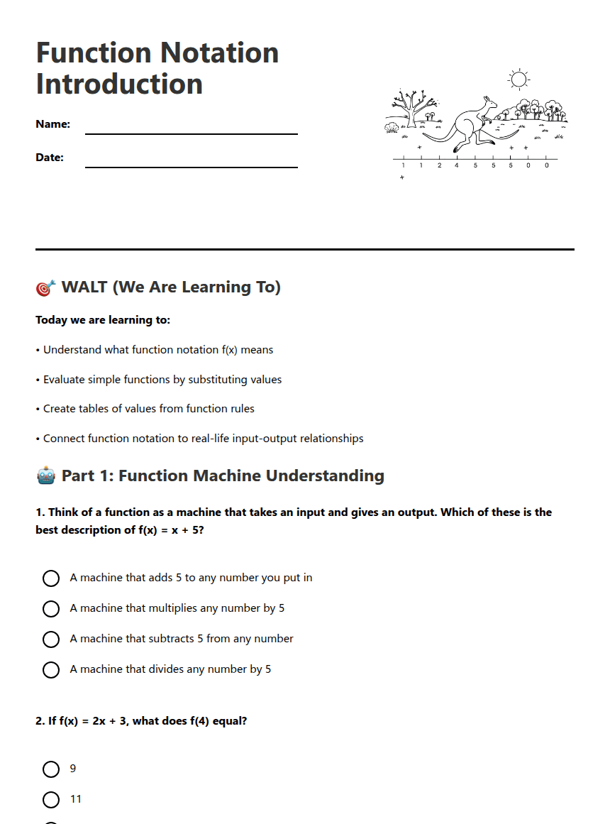 Function Notation Introduction worksheet preview