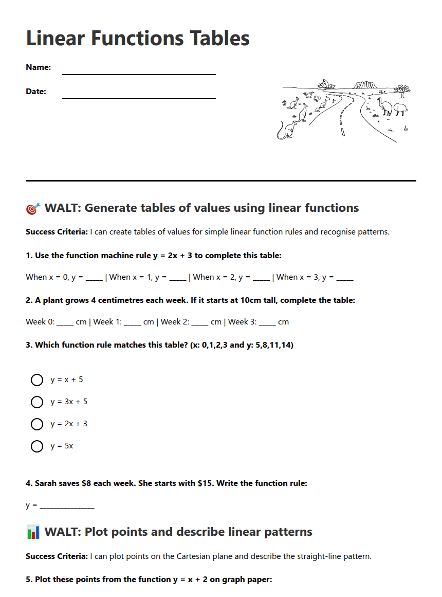Linear Functions Tables worksheet preview