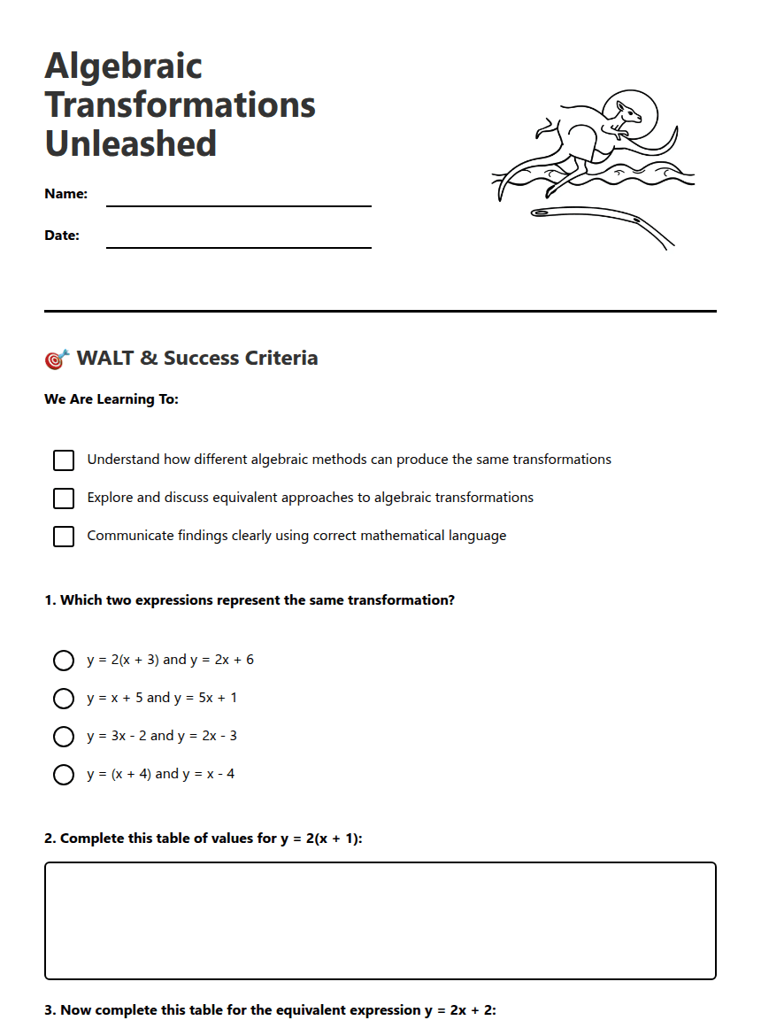Algebraic Transformations Unleashed worksheet preview