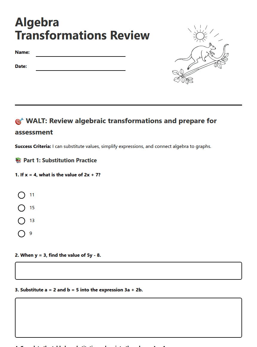 Algebra Transformations Review worksheet preview